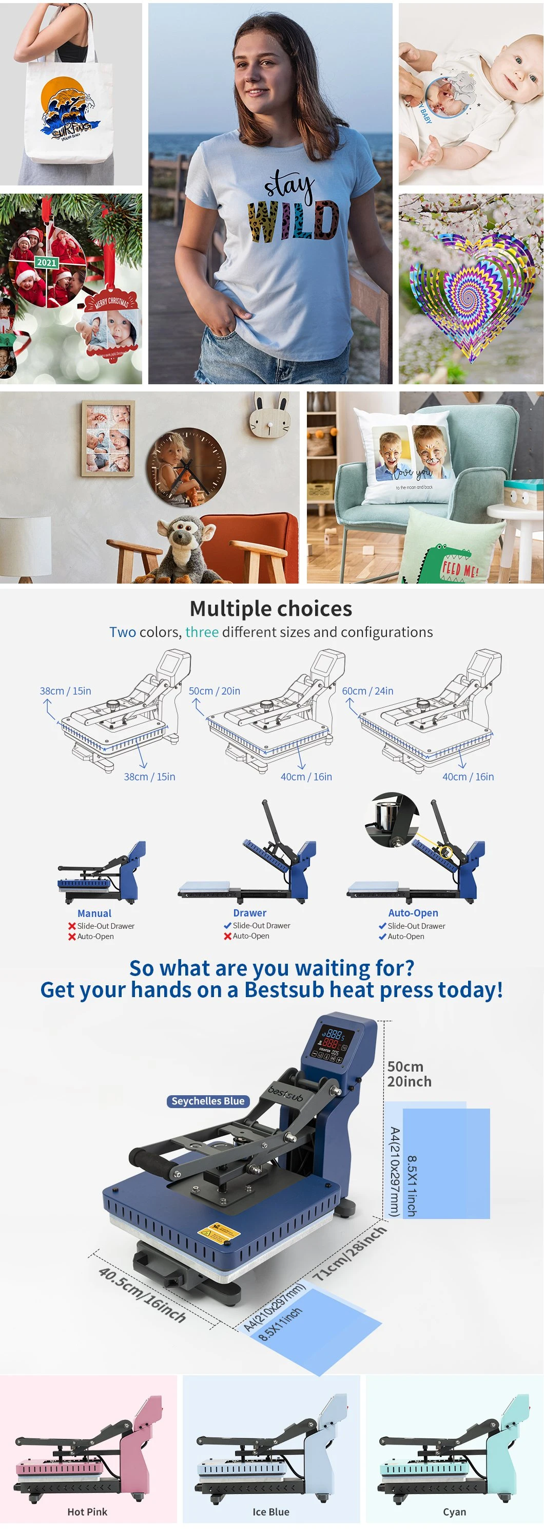 Bestsub Auto Drawer Flat Flat Sublimation Transfer Heat Press Machine (38*38cm, Seychelles Blue)
