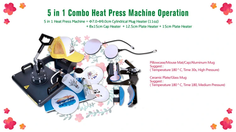 5in1 Combo Heat Press for T-Shirt Mug Plate Hat Heat Transfer Machine